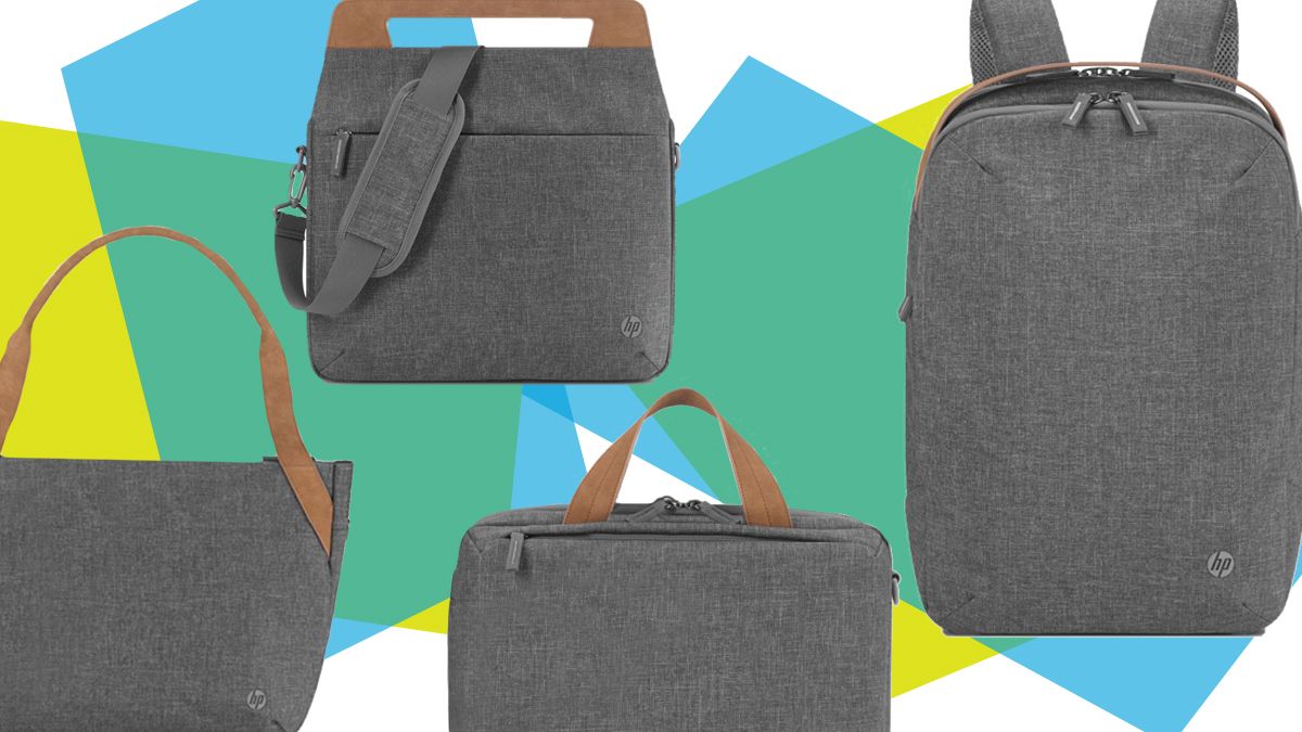 HP Renew laptop sleeve, backpack and tote bag against a colorful background of vibrant blue, green and yellow geometric shapes